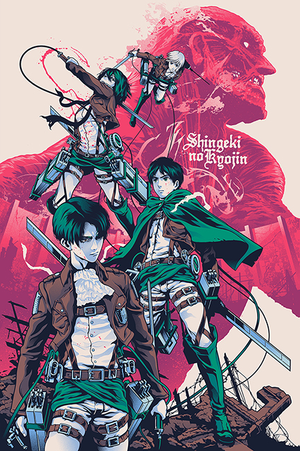 Poster ufficiale di L'Attacco dei Giganti con i protagonisti Eren, Mikasa e Levi